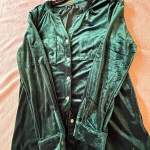 Elegant Forest Green Velvet Button Down Shirt